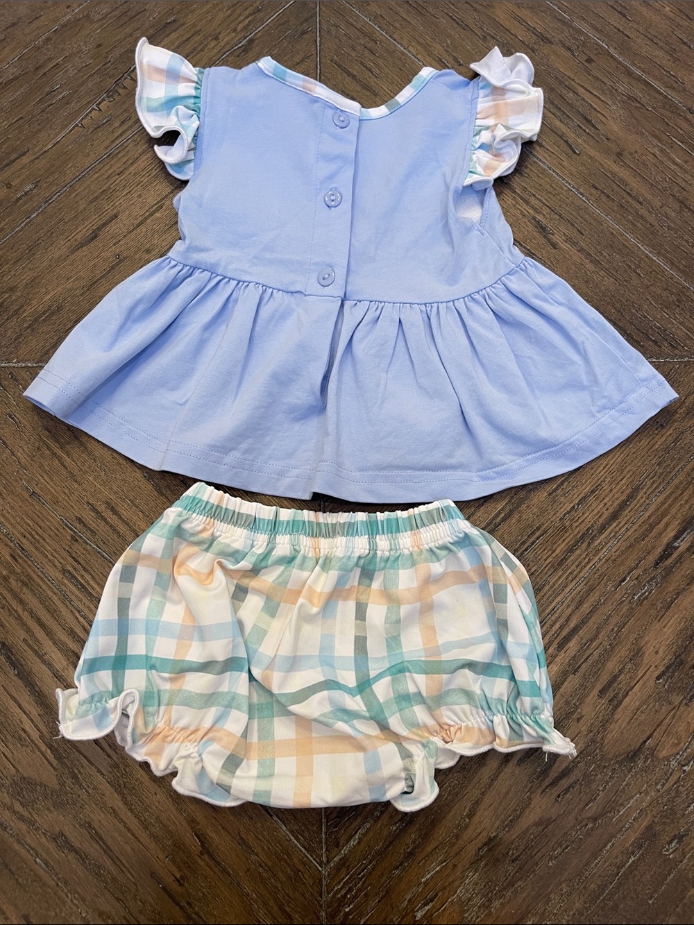 Sew Magnolia Smocks Blue Sheep Ruffle Top & Pastel Plaid Bloomers Set - Picture 4 of 4